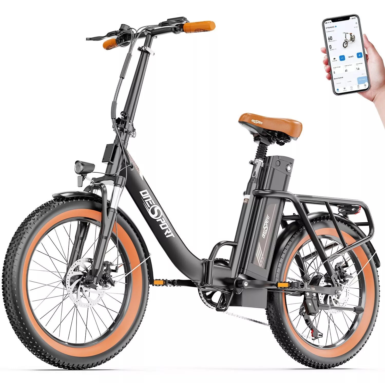 Elektrinis dviratis OneSport OT16-2 20", juodas/rudas